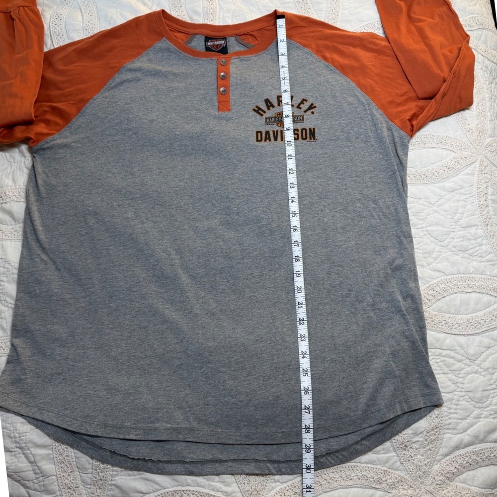 Harley Davidson 2XL Henley Shirt Mens Grey Orange Flaming‎ Gorge Raglan - Picture 4 of 8